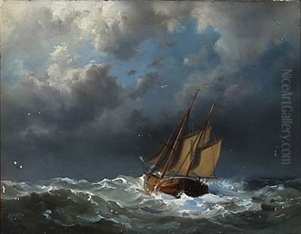 Seascape With A Sailing Ships In High Waves Oil Painting by Vilhelm Melbye