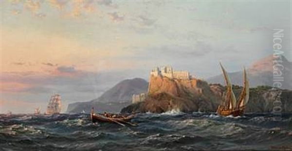 Morning Light Over The Island Of Procida, Italy, With Ships Off The Coast Oil Painting by Vilhelm Melbye