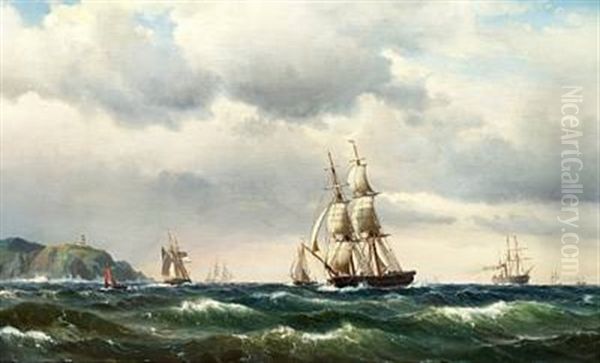 Seascape With Numerous Sailing Ships Near A Rocky Coast Oil Painting by Vilhelm Melbye