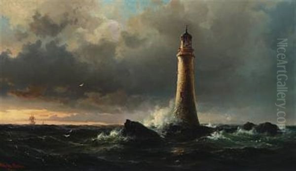 Marine With Edystone Lighthouse And Sailboats Oil Painting by Vilhelm Melbye