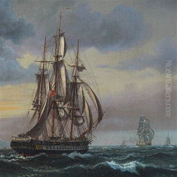 Seascape With Numerous Sailing Ships Near A Rocky Coast Oil Painting by Vilhelm Melbye