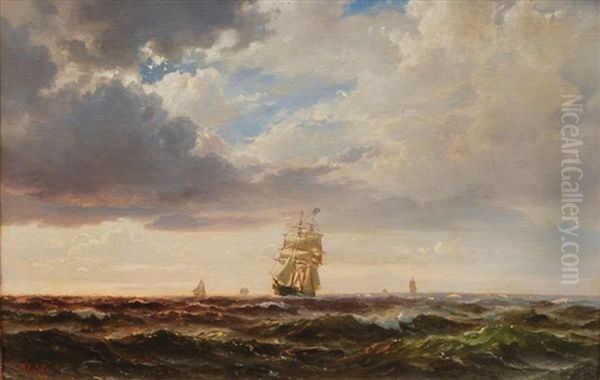 Tall Ship In Choppy Sea Oil Painting by Vilhelm Melbye