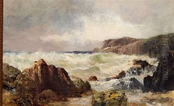 Seascape With Large Waves Beating Against The Cliffs Oil Painting by Vilhelm Melbye