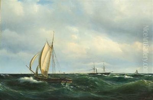 Stormfuld Eftermiddag I Skagerak. En Dansk Jagt Og Forskjellige Skibe Passere Skagen Oil Painting by Vilhelm Melbye