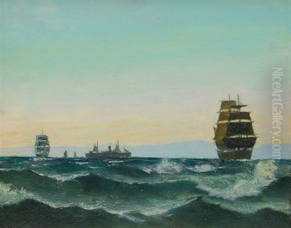 Steam Sailer And Three-masters Offshore Oil Painting by Vilhelm Melbye