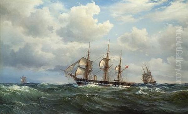 The Danish Auxiliary Steam Frigate Sjaaland Cruising Under Shortened Sail, Before A Strong Breeze And Following Seas Oil Painting by Vilhelm Melbye