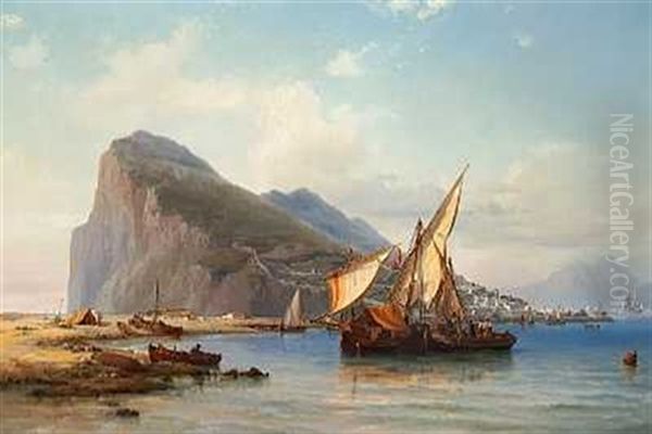 Parti Fra Gibraltar Med Fiskerbade Ud For Kysten Oil Painting by Vilhelm Melbye