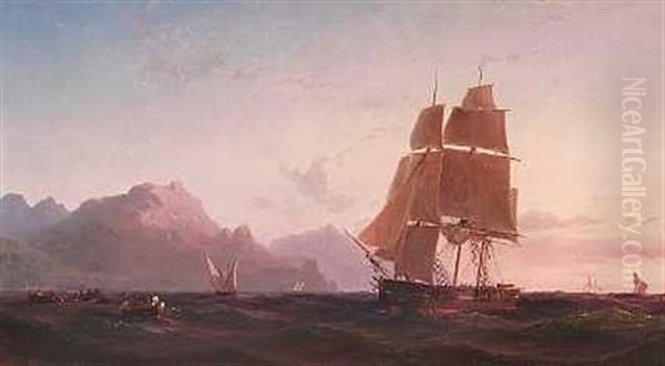 Sejlskibe I Middelhavet, Aftensol Oil Painting by Vilhelm Melbye