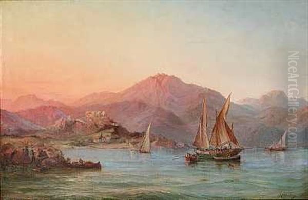 Rheden Ved Alicante I Spanien. Tilhoire I Billedet Det Engelske Linieskib "edgar", Aftenbelysning Oil Painting by Vilhelm Melbye