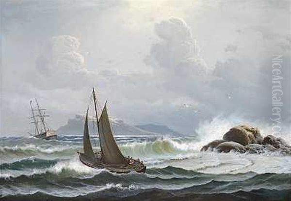 Sejlskib Og Fiskerbad Pa Havet I Staerk Blaest Oil Painting by Vilhelm Melbye