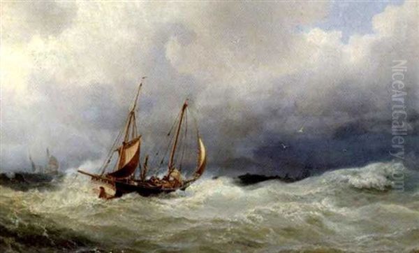 Marine Med Fiskerbade I Hard So Oil Painting by Vilhelm Melbye