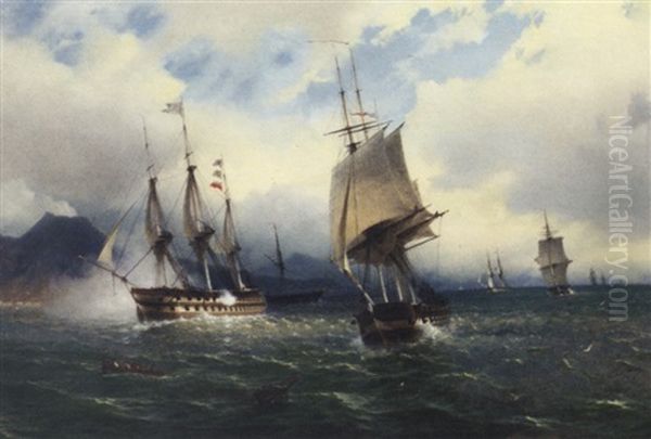 Warships In The Mediterranean Signalling Their Arrival Off Naples Oil Painting by Vilhelm Melbye