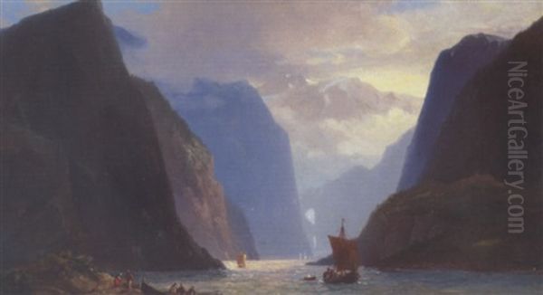 Norsk Fjorparti Med Bade Oil Painting by Vilhelm Melbye