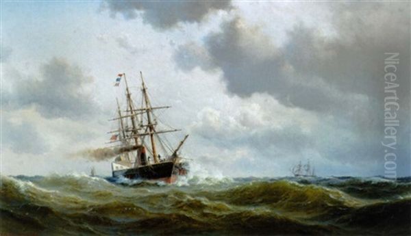 Marine Med Hjuldamper Pa Havet Oil Painting by Vilhelm Melbye