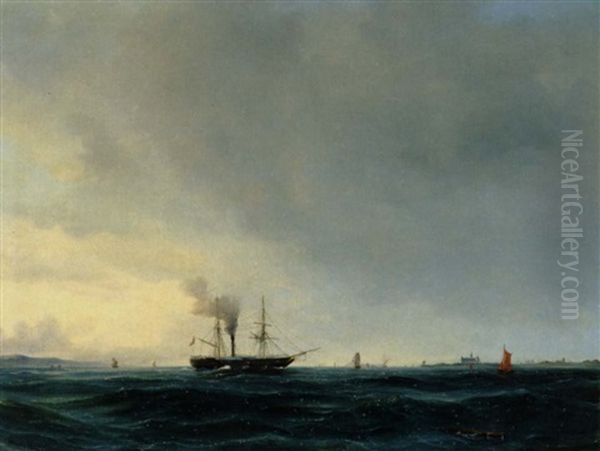 Livlig Trafik I Sundet. I Baggrunden Kronborg Oil Painting by Vilhelm Melbye