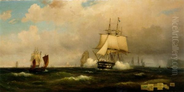 A Man-o-war Firing A Salute Off A Headland With Other Shipping In The Distance Oil Painting by Vilhelm Melbye