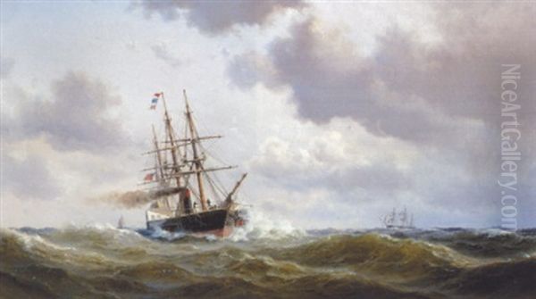 Marine Med Hjuldamper Pa Havet Oil Painting by Vilhelm Melbye