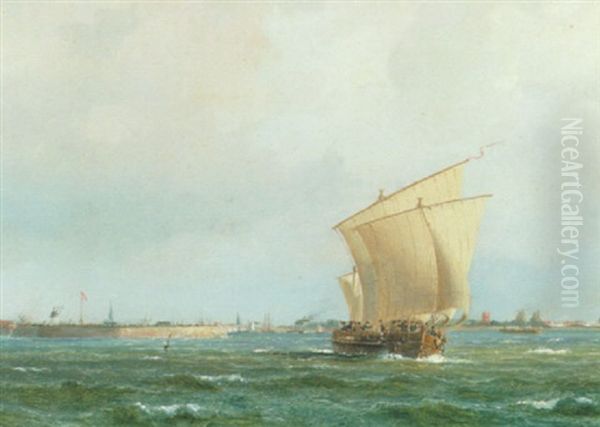 Sejlskibe Forlader Kobenhavns Havn Oil Painting by Vilhelm Melbye