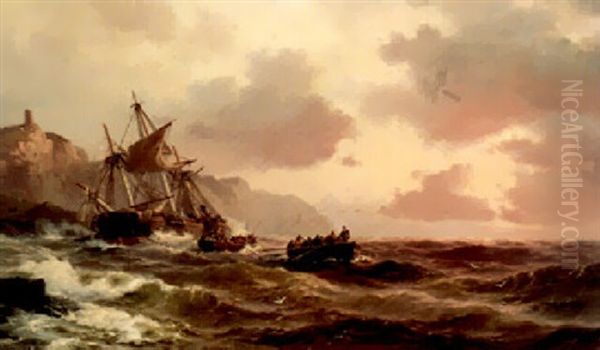 Rescue Boats Off A Rocky Coast Oil Painting by Vilhelm Melbye