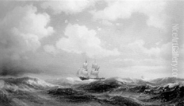 Two-masted Ships In Choppy Seas Oil Painting by Vilhelm Melbye