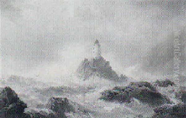 Hardt Vejr Ved Longships Lighthouse Lands End, England Oil Painting by Vilhelm Melbye