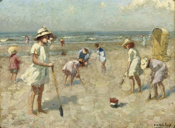 Children Playing On The Beach Oil Painting by Franz Melchers