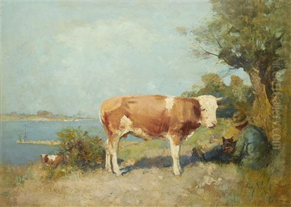 Landscape With A Cow And A Herdsman Resting Oil Painting by Gari Melchers