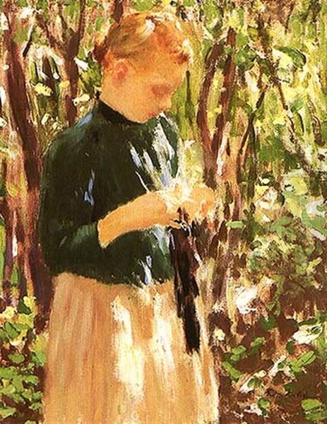 Girl Knitting Oil Painting by Gari Melchers