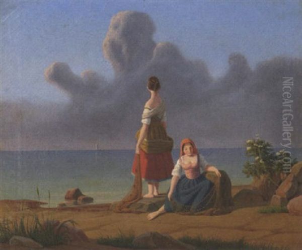 Zwei Junge Fischersfrauen Am Meeresstrand Oil Painting by Adolf Melchert