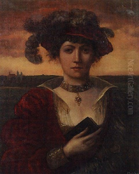 Portrait Of A Young Noble Woman In A Feathered Hat, A Landscape Beyond Oil Painting by Adolf Melchert