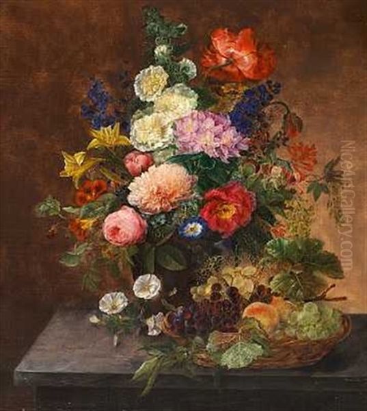 Opstilling Med Liljer, Syrener, Tulipaner, Valmuer, Tallerkensmaekkere Og Roser I En Vase Samt Frugter I Et Fad Pa Et Bord Oil Painting by Henriette Melchior