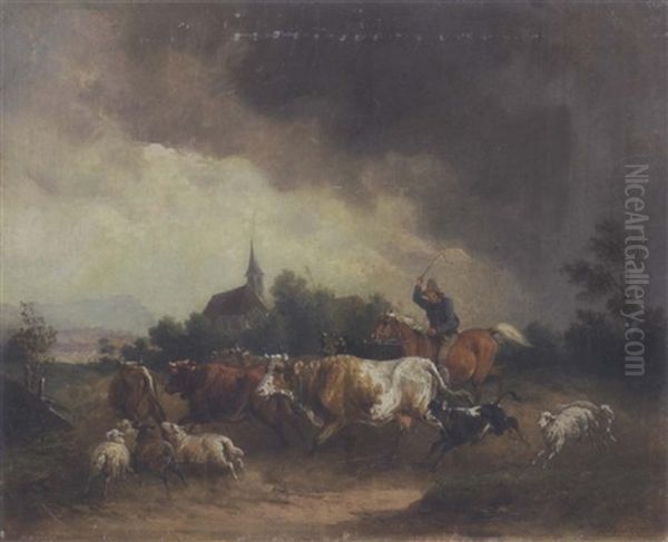 Bauer, Der Seine Viehherde Vor Dem Drohenden Gewitter Nach Hause Treibt by Joseph Wilhelm Melchior