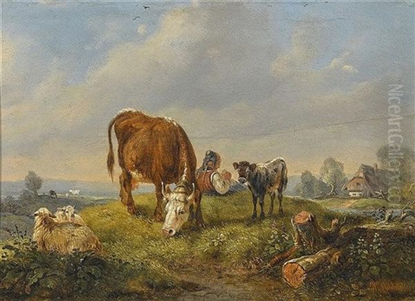 Hirtin Mit Vieh Auf Der Weide Oil Painting by Wilhelm Melchior