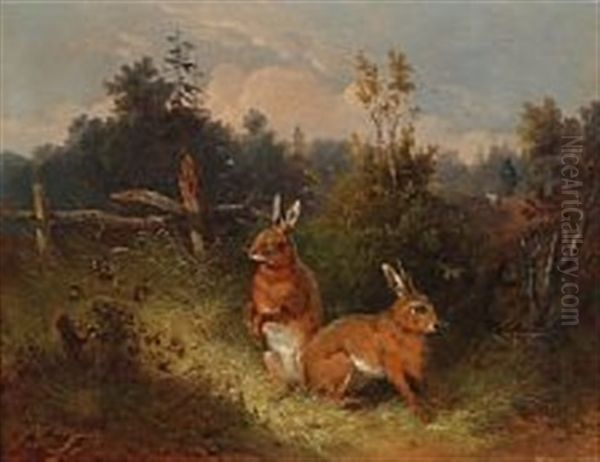 Two Hares Fleeing A Hunter Oil Painting by Wilhelm Melchior