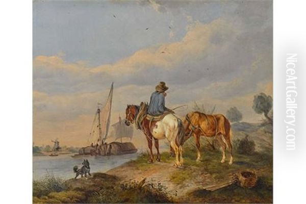 Bauer Mit Pferden In Niederlandischer Kanallandschaft Oil Painting by Wilhelm Melchior