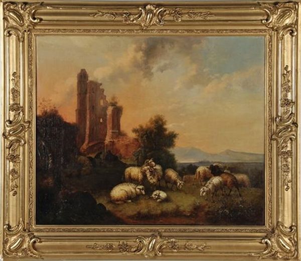 Sheep Grazing Among Castle Ruins Oil Painting by Wilhelm Melchior