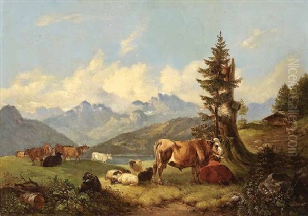 Alm Mit Weidevieh Vor Gebirgslandschaft Oil Painting by Wilhelm Melchior