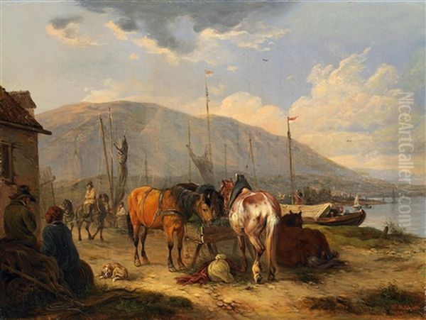 Treidelpferde Am Ufer Oil Painting by Wilhelm Melchior