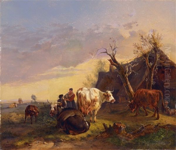 Bauernfamilie Mit Kuhen In Abendlicher Landschaft Oil Painting by Wilhelm Melchior