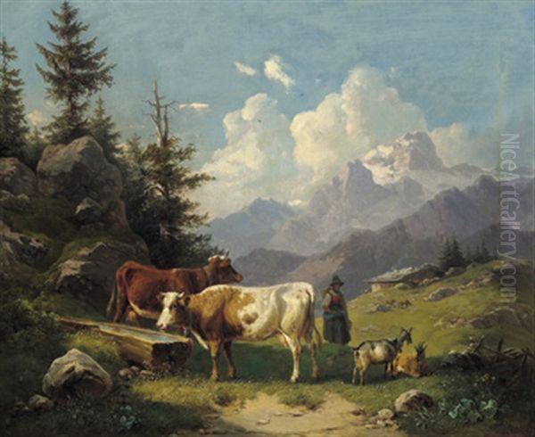 Sennerin Und Tierherde Auf Der Hochalm Oil Painting by Wilhelm Melchior