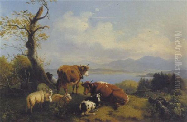 Weidetiere Und Schlafender Schafer Mit Blick Auf Einen See Oil Painting by Wilhelm Melchior