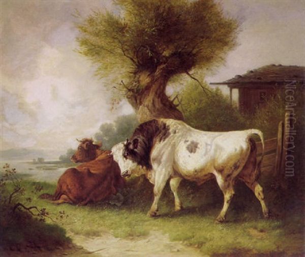 Stier Und Kuh Uber Einem Seeufer Oil Painting by Wilhelm Melchior