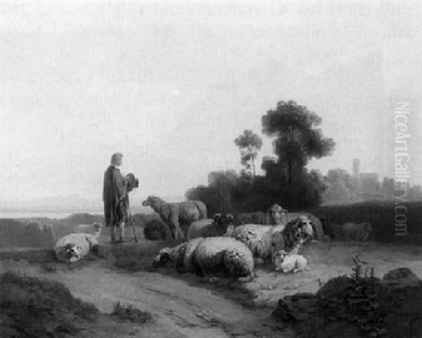 Abendfrieden. Hirte Mit Seiner Herde Auf Einer Anhohe Oil Painting by Wilhelm Melchior