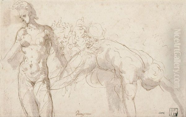 Study Of Two Nude Figures And Three Grotesque Heads Oil Painting by Jacopo Zanguidi, Called Jacopo Bertoija