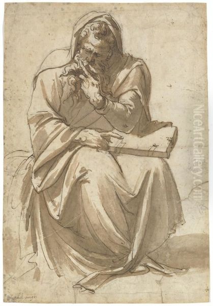 A Seated Evangelist Oil Painting by Jacopo Zanguidi, Called Jacopo Bertoija