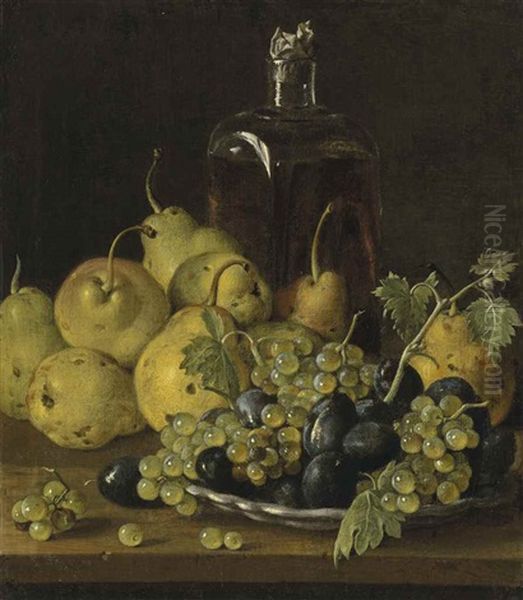 Grapes And Plums On A Plate, With Pears And A Glass Bottle On A Wooden Ledge Oil Painting by Luis Melendez