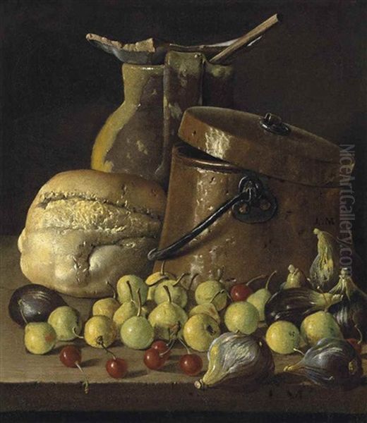 An Earthenware Pitcher And Copper Pail, With A Bread Roll, Figs, Quinces And Cherries On A Stone Ledge Oil Painting by Luis Melendez