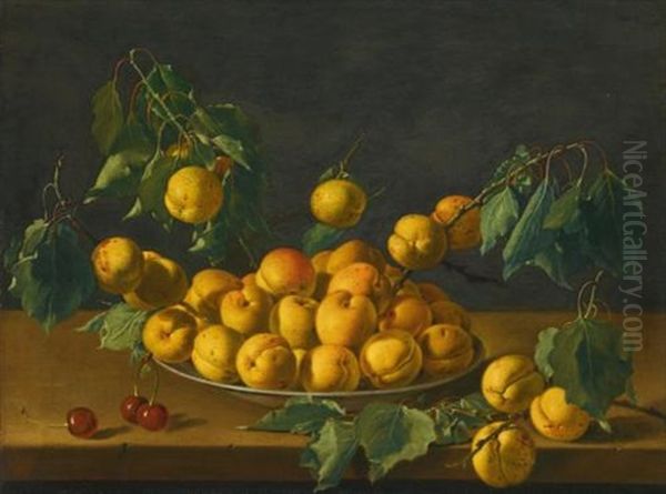 Still Life With Apricots And Cherries Oil Painting by Luis Melendez