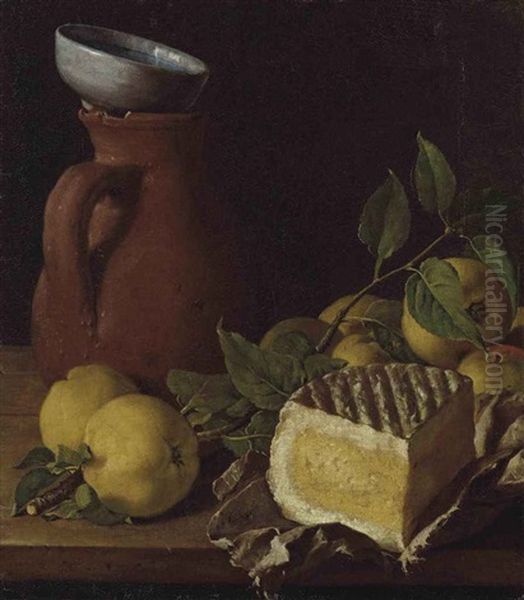 Cheese, Apples And An Earthenware Jug On A Table Oil Painting by Luis Melendez