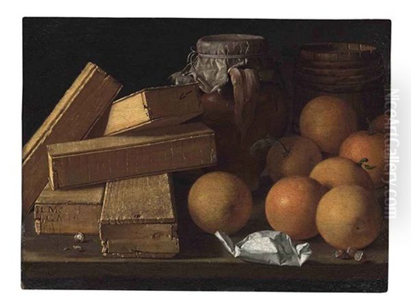 Oranges, Nuts, Spices, Boxes Of Sweetmeats, A Jug And A Cask On A Table Oil Painting by Luis Melendez